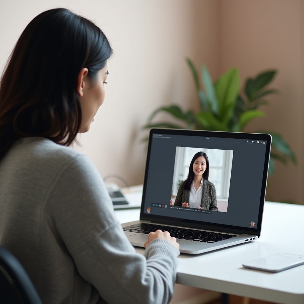 Osoba sleduje online sezení s průvodcem přes sdílenou obrazovku notebooku